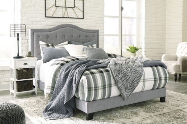 grey linen tufted bed